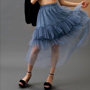 Anthropologie Eva Franco Ruffled Tulle Midi Skirt Blue Polka Dot NWT Size S